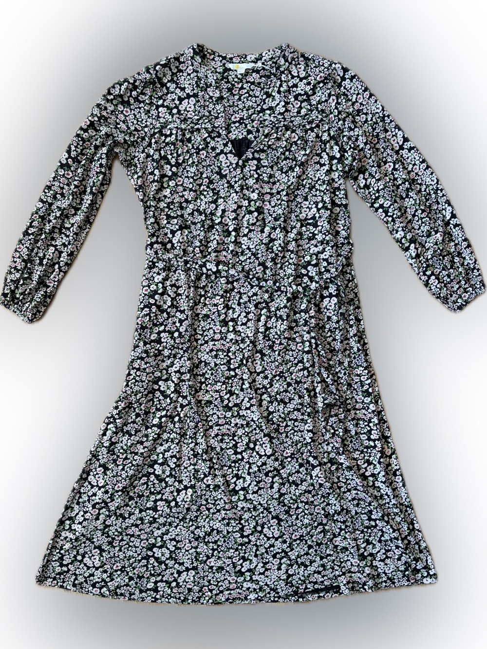 Boden Black Floral Midi Dress with White & Light Pink Blossoms